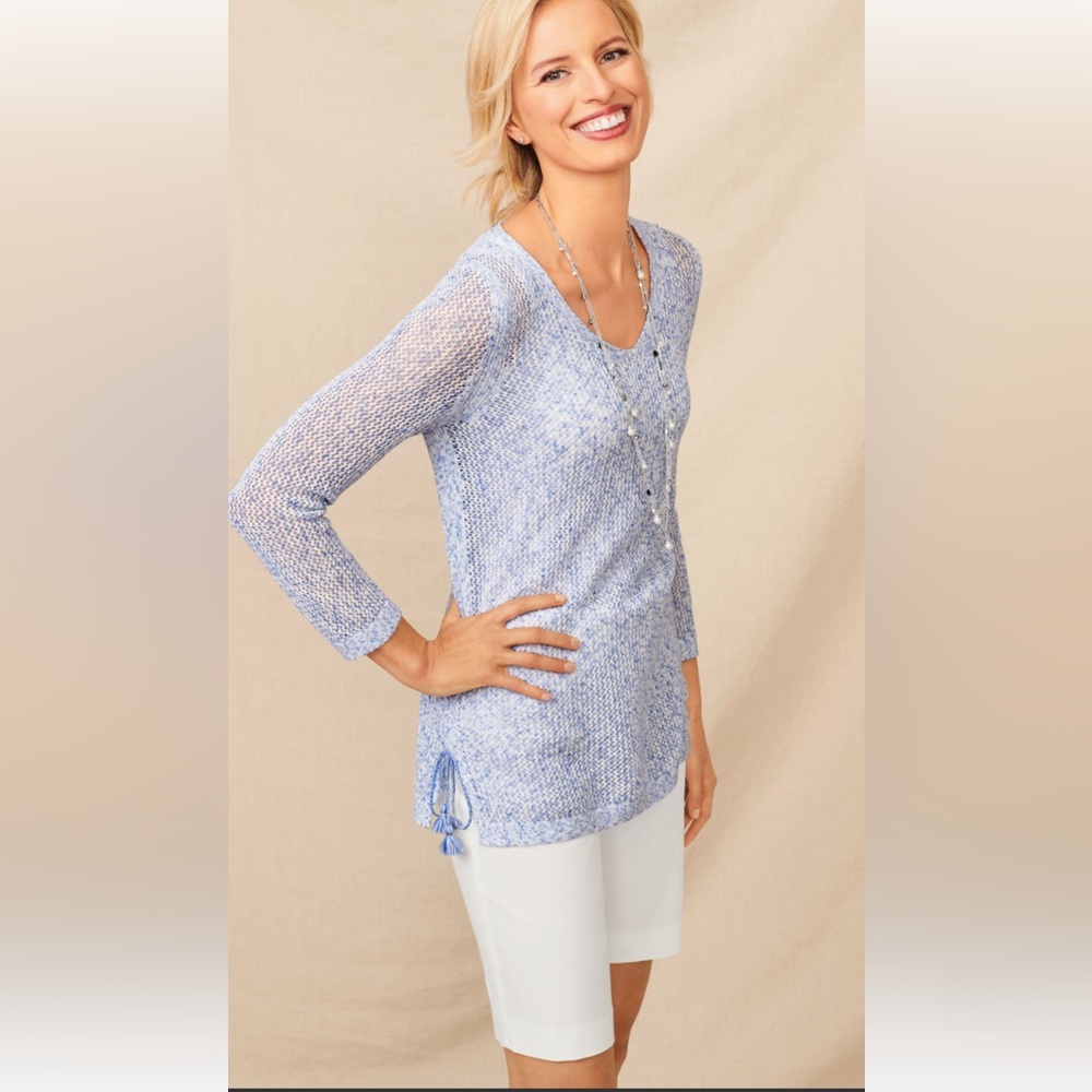 Talbots Space-Dye Mesh Side Tie Sweater Lt blue size M. Side tie tassels. Great!